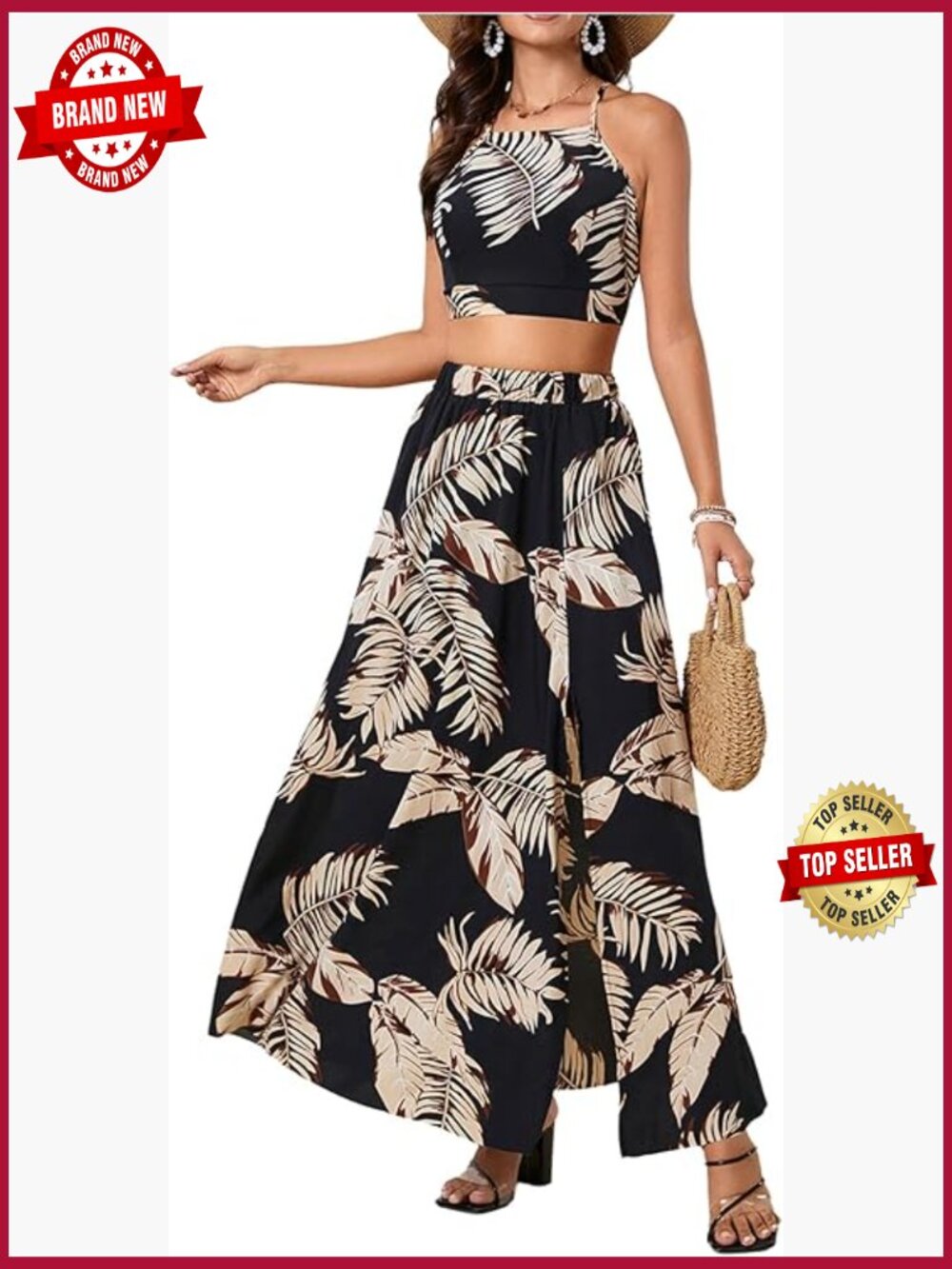2 Piece Set Crop Top and Maxi Skirt Tropical Resort Wear Outfits Tie Cami Top